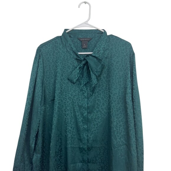 Investments Womens XL Green Leopard Print Satin Blouse Bow Tie Neck/Gold Button - Picture 2 of 12